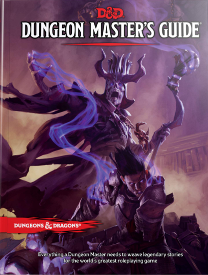 Dungeons & Dragons dungeon master's guide cover. A skeleton figure gathers energy from a man in the foreground. He holds a staff with purple energy wafting off of it into the sky, with his robes billowing behind him. The man in the foreground has eyes obscured by ghostly light and is wearing steel platemail. They are in front of a bookshelf and smoke. 