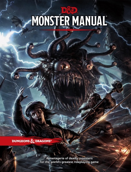 Dungeons and Dragons Monster Manual cover. A beholder has its mouth open in a scream in the foreground (beholders are balls with large mouths full of sharp teeth and tentacles with eyes on the ends covering its top half. A dwarf wields a hammer near it as a man with a sword in hand runs. Lightning cascades across the background, striking statues behind the characters. Bats fly behind the beholder. 