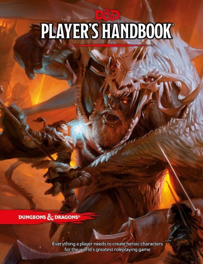 D&D Player's handbook cover. A giant with grey skin and tribal outfit grabs for a woman in the foreground. She has a red braid and her hand is enveloped in magic in the form of white energy. In the bottom corner there is a ranger with a bow strapped to their back. They have dark skin and hair. 