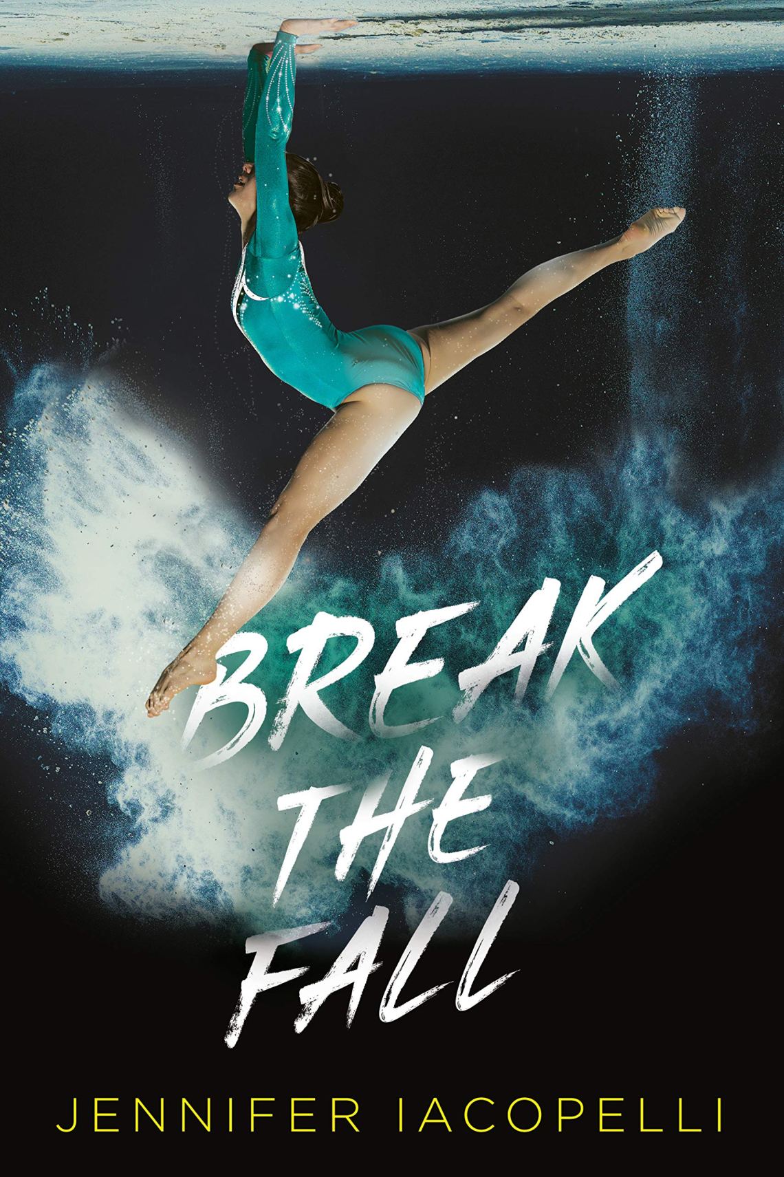 Book Cover for Break the Fall. The cover is a flipped photo of a gymnast vaulting on the ground. She is kicking up dust with her leg and is wearing a teal leotard. The background is black. 