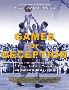 Game of Deception Book Cover. A black and white photo shows boys jumping for a basketball in front of a packed crowd. 