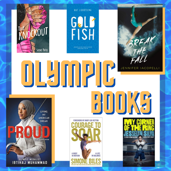 Olympic Books header image. A photo of water in a pool is a background to 6 book covers. The Knockout, Goldfish, Break the Fall, Proud, Courage to Soar, and My Corner of the Ring. 